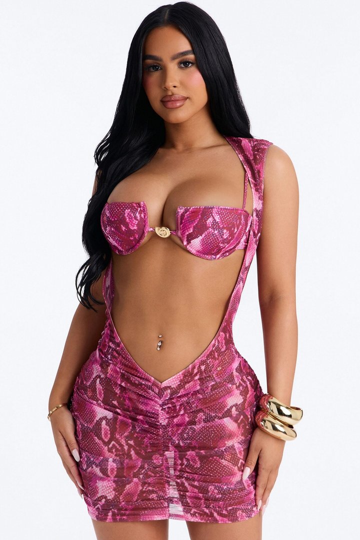 Mojitos And Summer Heat Snake Deep V-Neck Swim Cover Up Mini Dress - Pink/combo