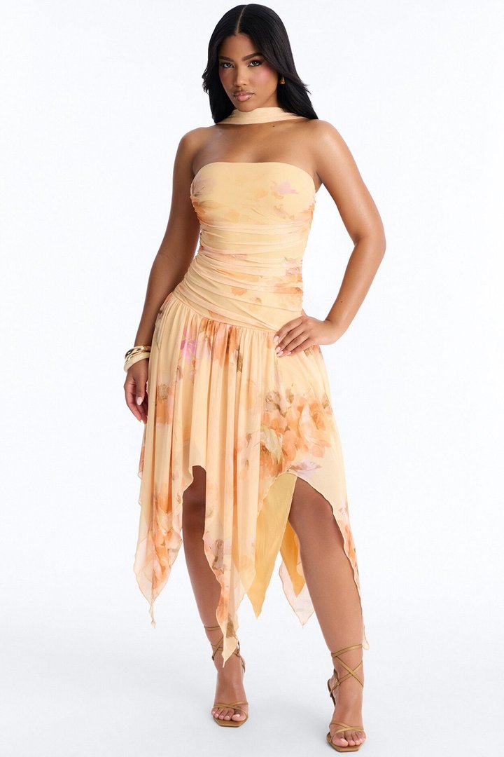 Delaney Floral Mesh Midi Dress - Orange