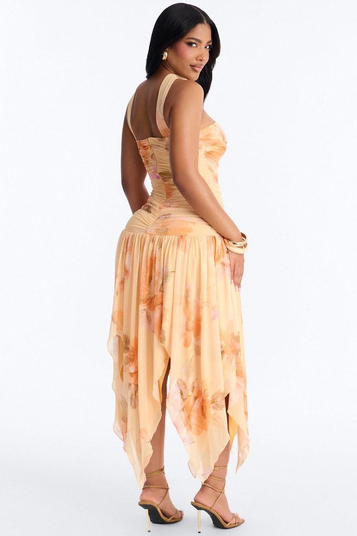 Delaney Floral Mesh Midi Dress - Orange