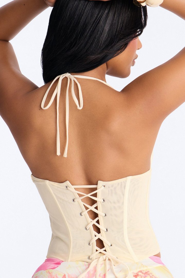 Never Forget Corset Mesh Halter Top - Ivory