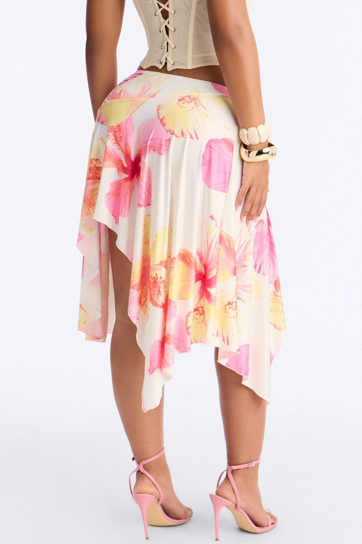 Valeria Mid Rise High Low Midi Skirt - Pink/combo