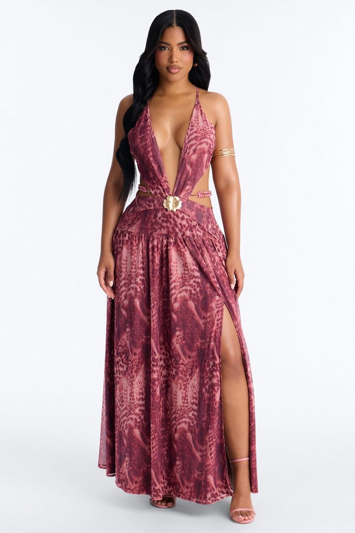Corinna Cut Out Beaded Mesh Maxi Dress - Pink/combo
