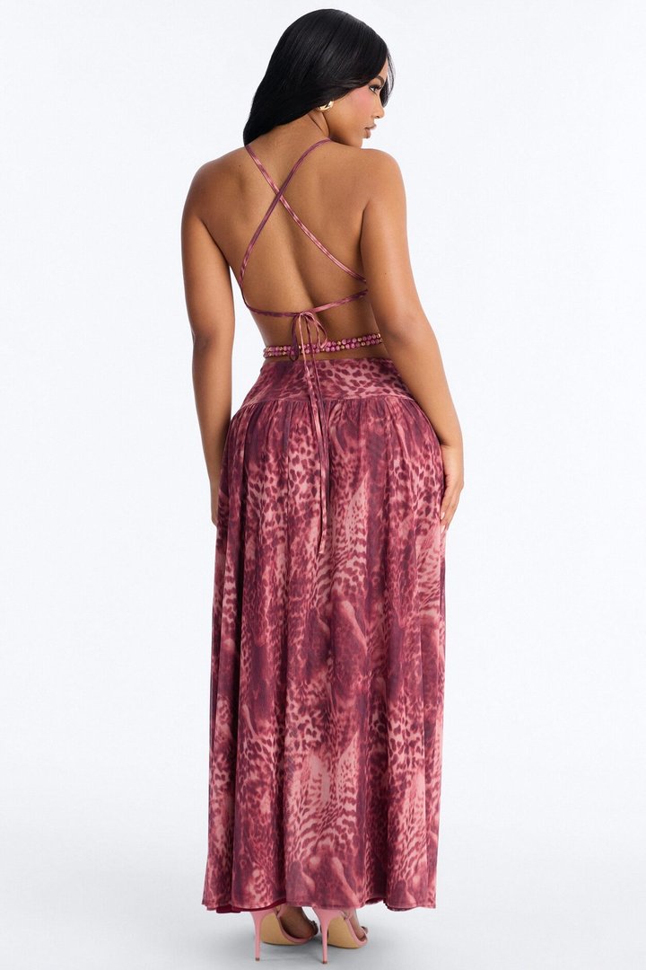Corinna Cut Out Beaded Mesh Maxi Dress - Pink/combo