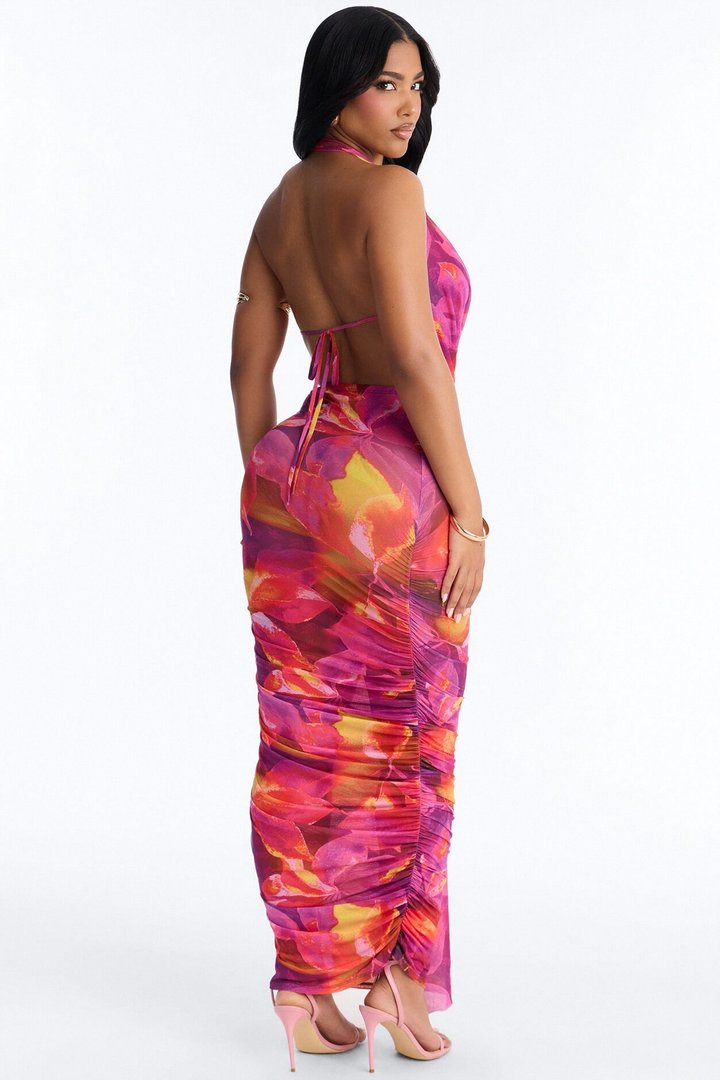 Kyla Halter Printed Mesh Maxi Dress - Magenta/combo