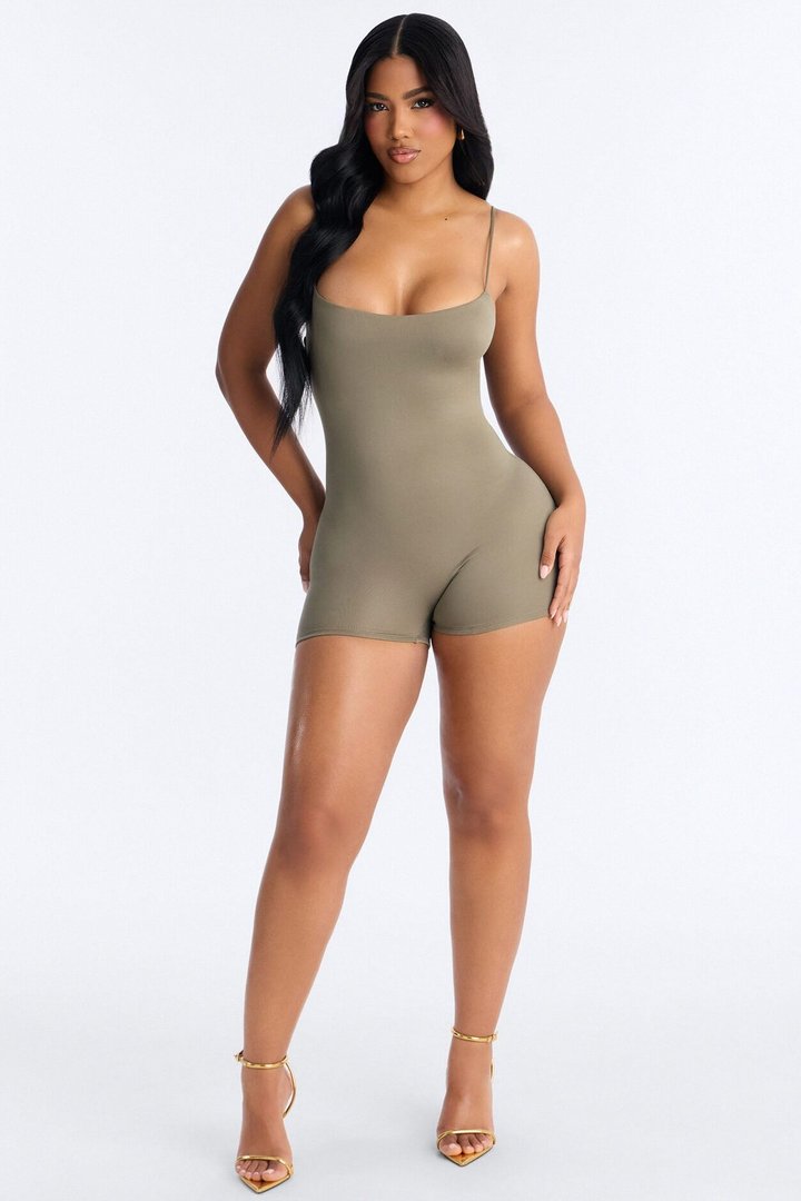 Full Form Double Layer Biker Short Romper - Olive