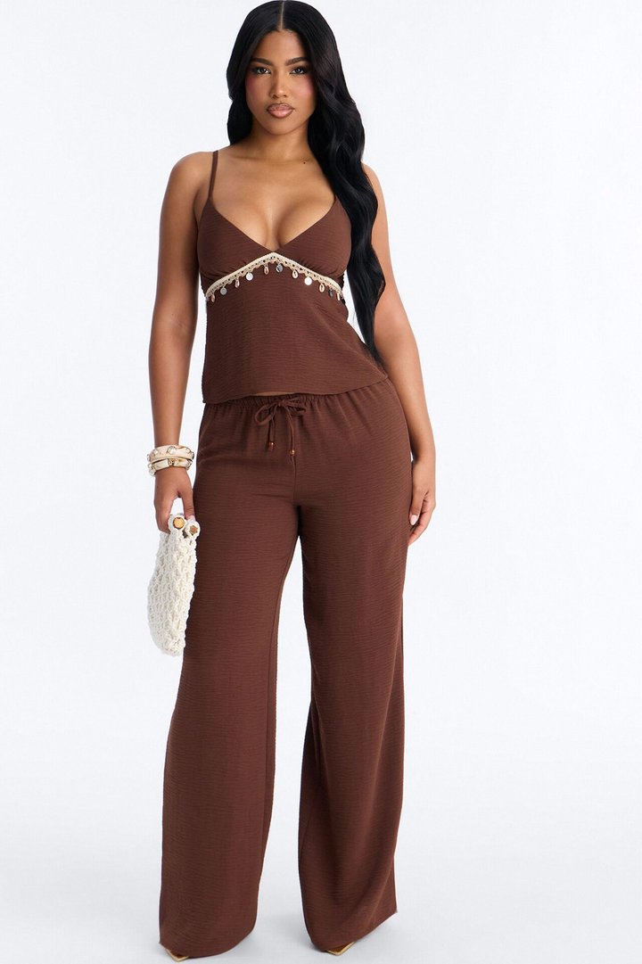 Sasha Embellished Wide Leg Pant Set - Chocolate