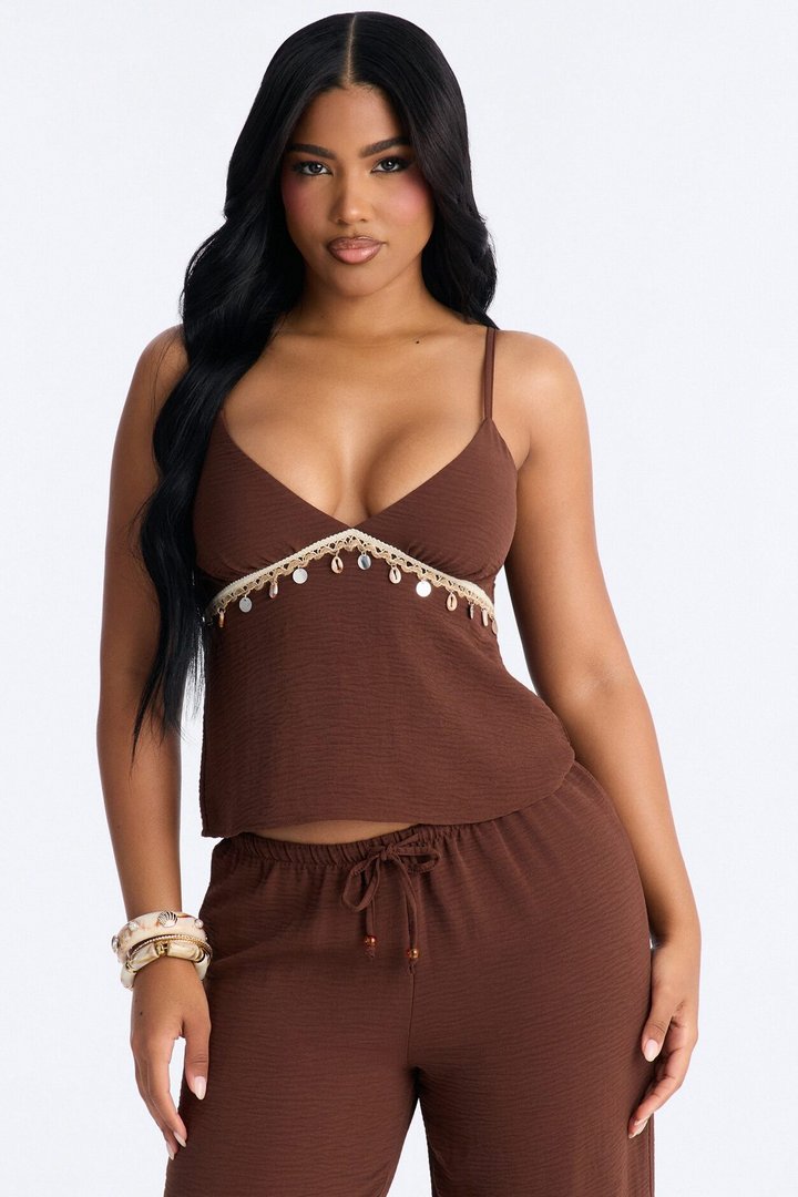 Sasha Embellished Wide Leg Pant Set - Chocolate