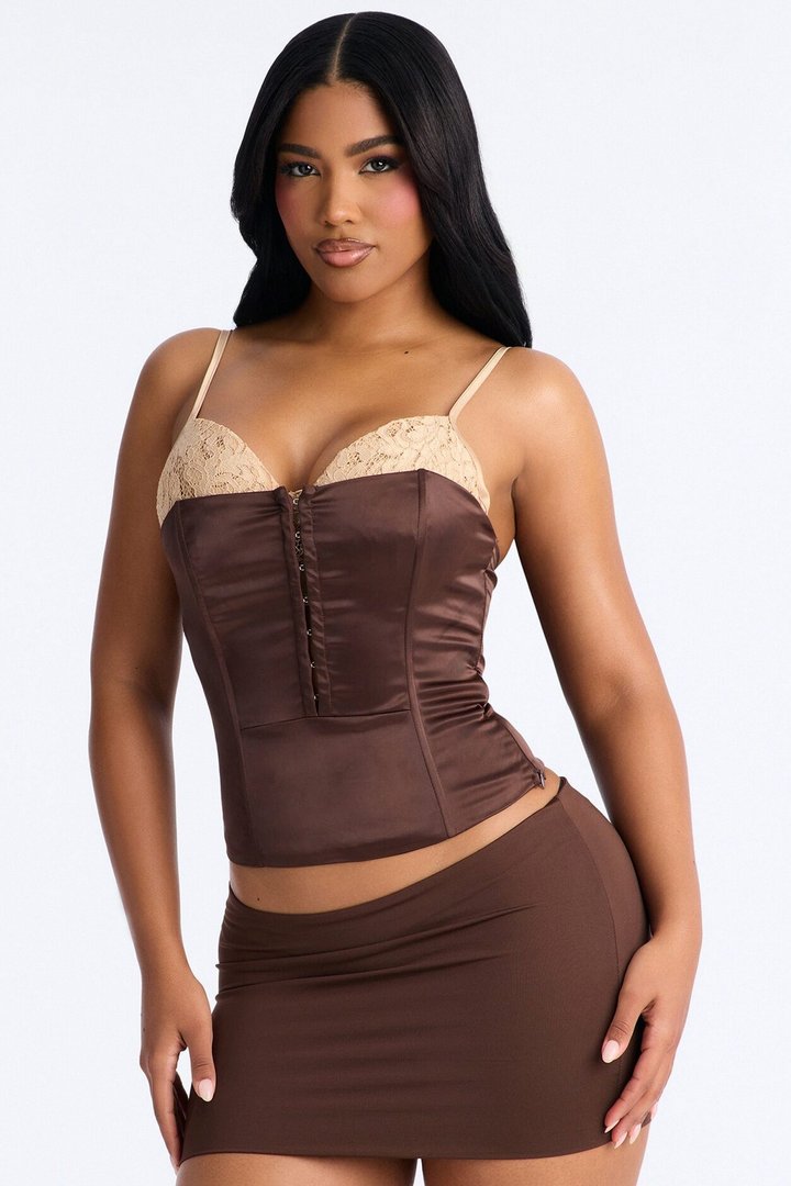Out Of Your League Lace Contrast Satin Corset - Brown/combo