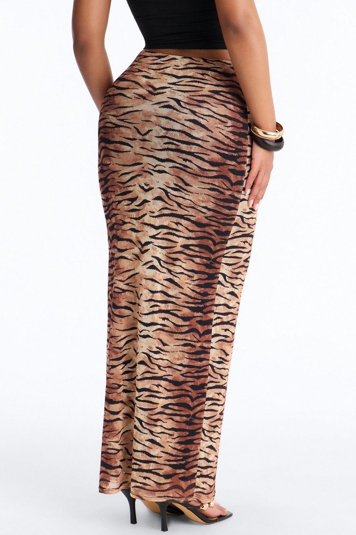 Tiger Striped Mesh Maxi Skirt - Brown/combo