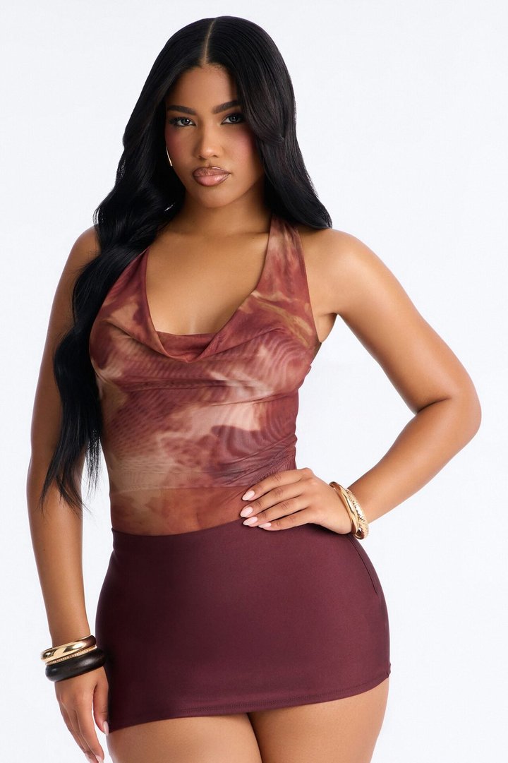 Bronze Babe Mesh Cowl Neck Hardware Bodysuit - Brown/combo