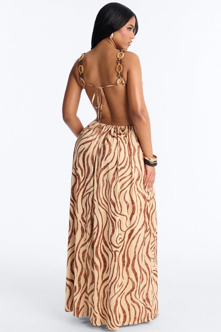 Golden Drift Cut Out Mesh Maxi Dress - Brown/combo