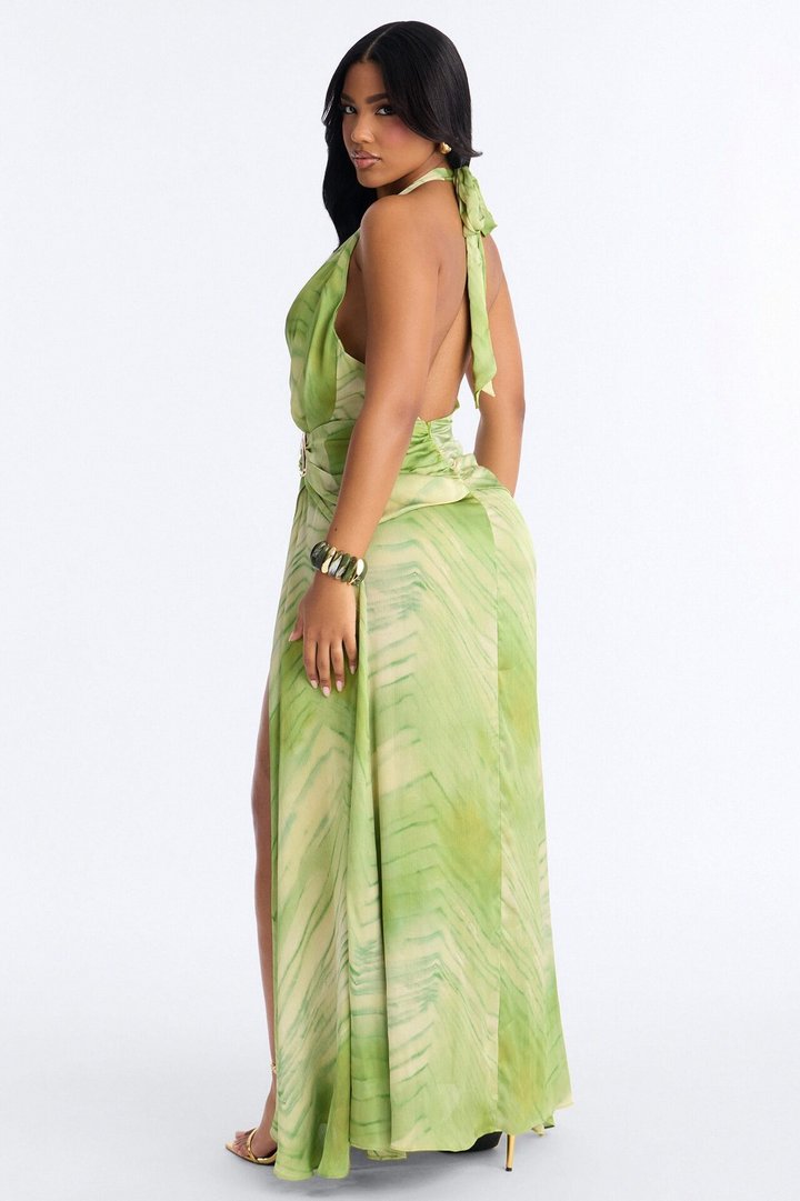 Palm Paradise Halter Satin Maxi Dress - Green/combo