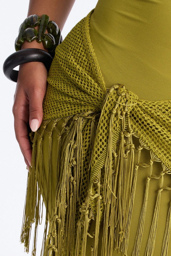Santorini 2 Piece Fringe Scarf Maxi Dress - Chartreuse