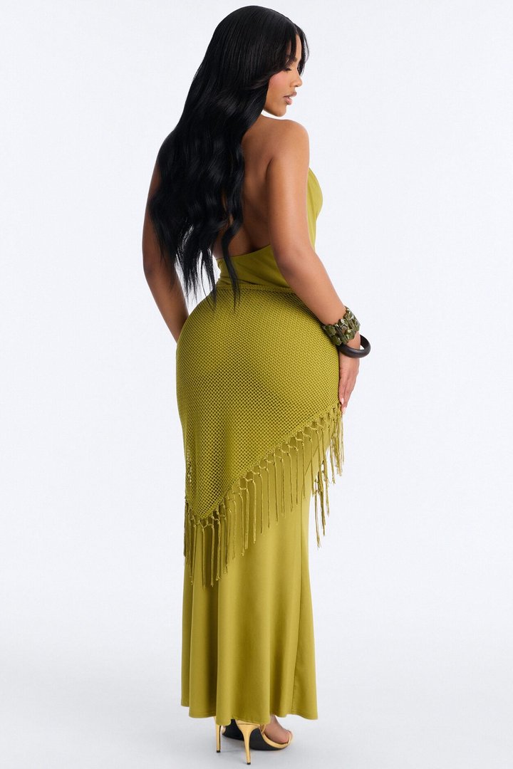 Santorini 2 Piece Fringe Scarf Maxi Dress - Chartreuse