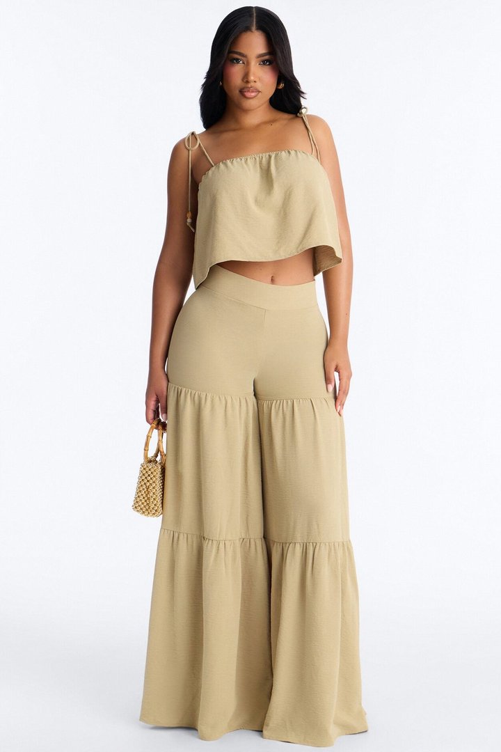 Mary Spaghetti Strap Wide Leg Pant Set - Sage