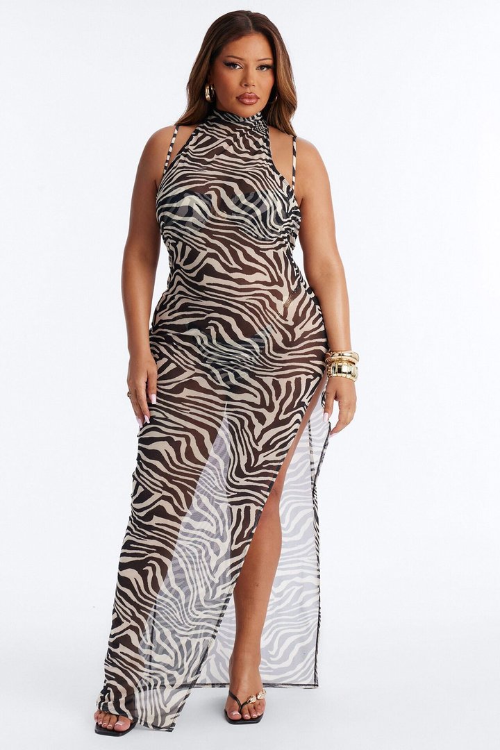 At The Beach House Sheer Zebra Halter Maxi Swim Cover Up Dress - Black/White
