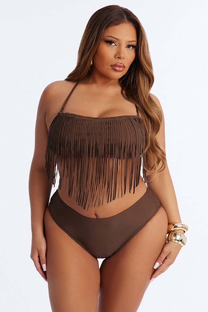 Sunkissed Mischief 3 Piece Fringe Bikini Set - Brown