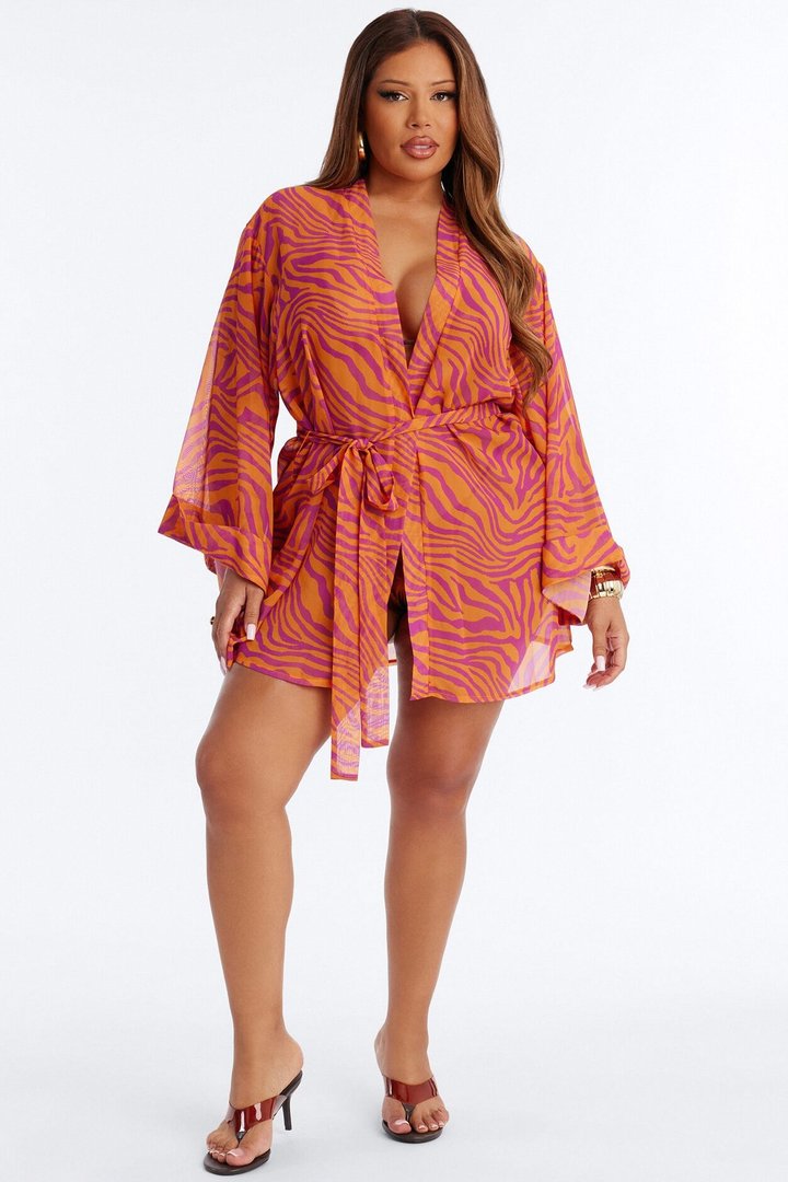 Nothing But A Stripe Waist Tie Swim Cover Up Kimono - Pink/combo