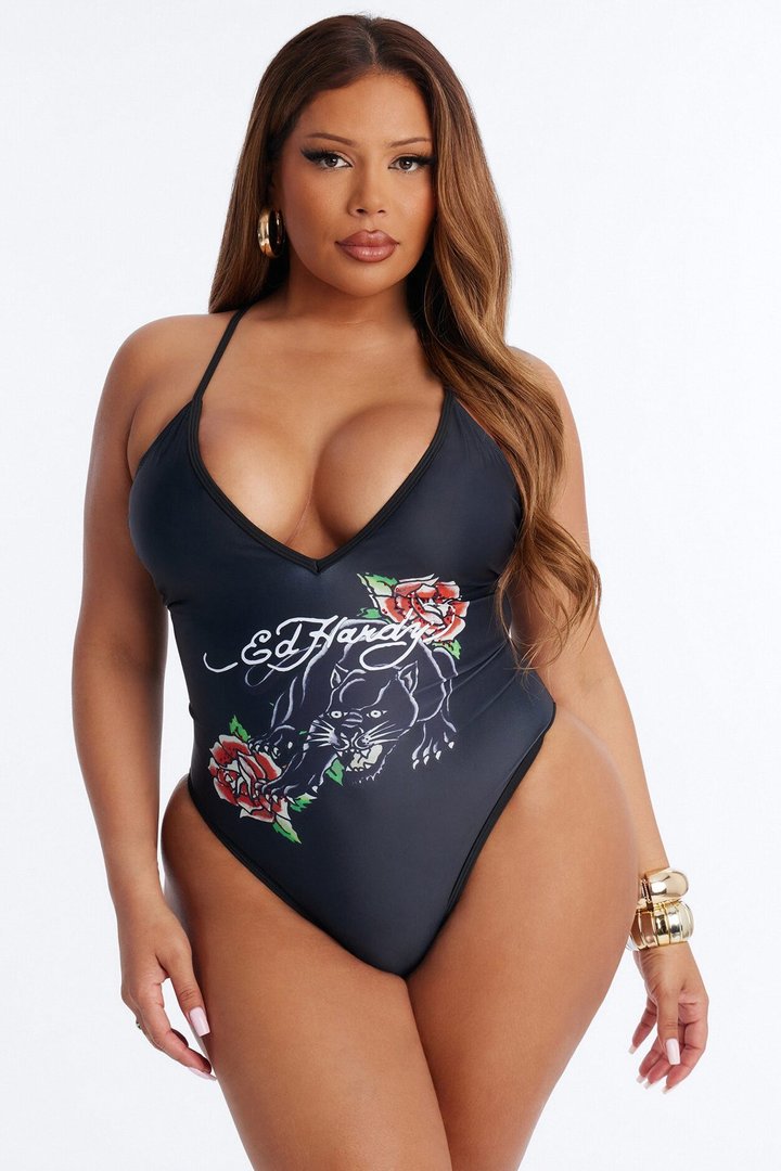 Ed Hardy Roses & Panther 1 Piece Swimsuit - Black