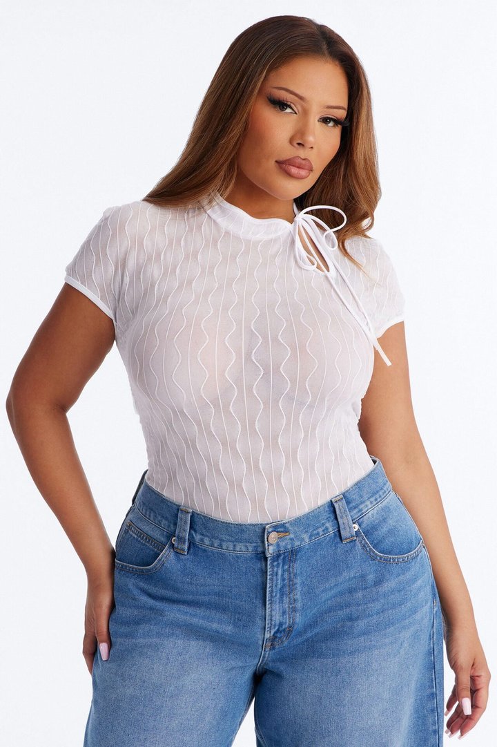 Nayeli Sheer Mesh Short Sleeve Bodysuit - Ivory