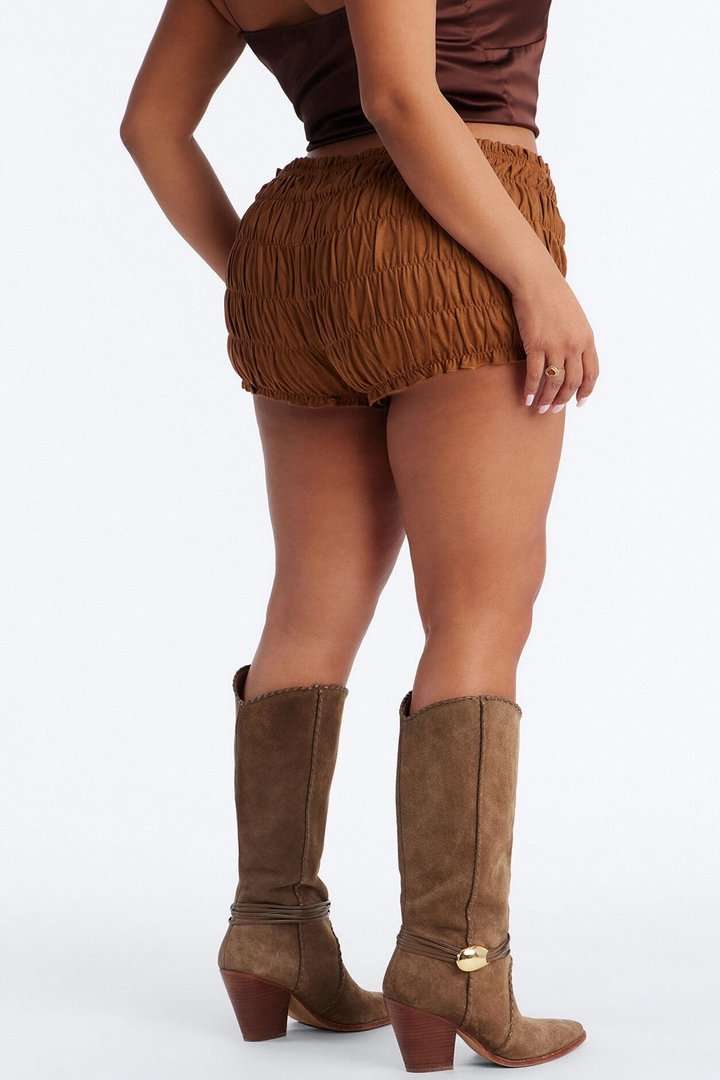 Chasing The Sun Faux Suede Micro Bloomers Shorts 1.5″ - Camel