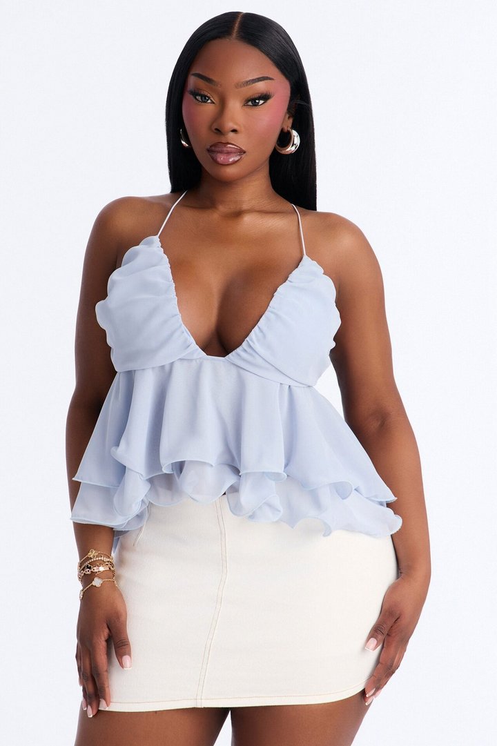Cute Life Ruffle Chiffon Babydoll Top - Blue