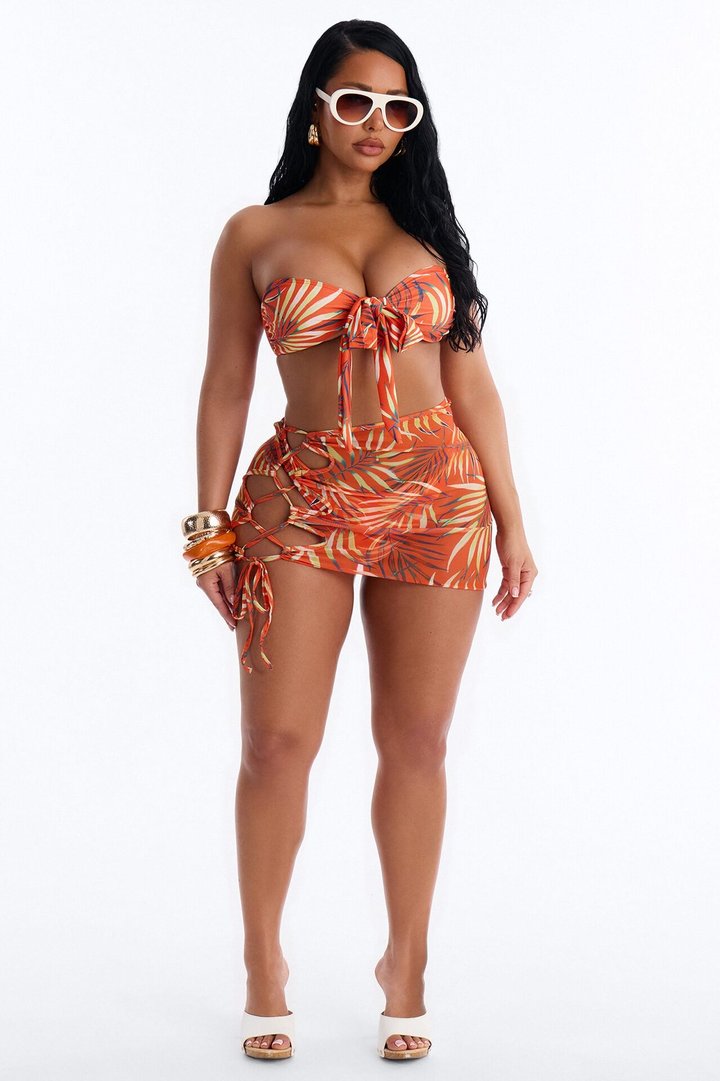 Kayla Tropical Lace Up Front Tie 3 Piece Bikini Skirt Set - Orange/combo