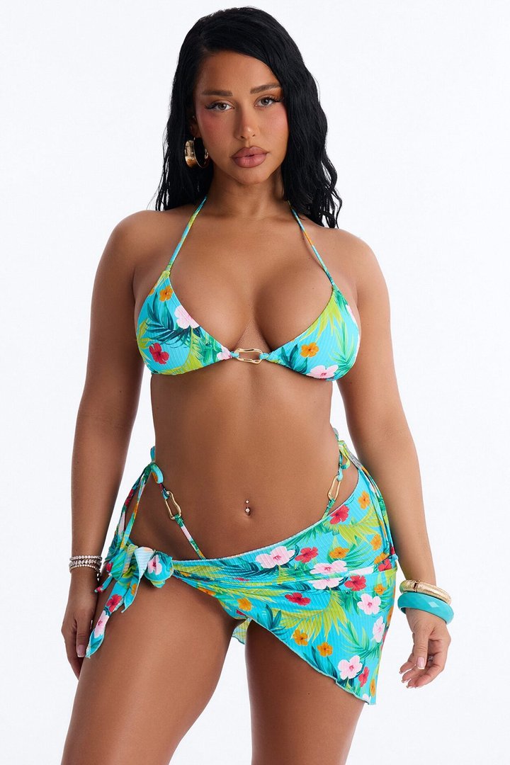 In Bloom 3 Piece Bikini & Sarong Set - Blue/combo