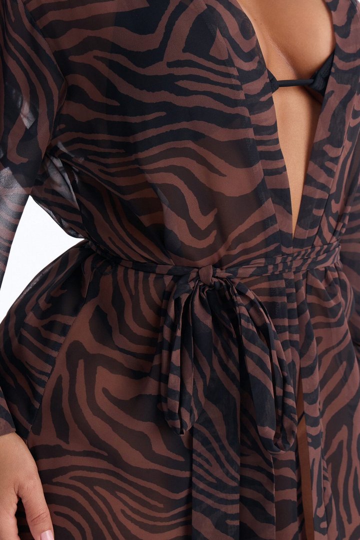Nothing But A Stripe Waist Tie Swim Cover Up Kimono - Brown/combo