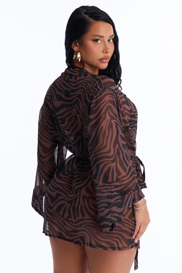 Nothing But A Stripe Waist Tie Swim Cover Up Kimono - Brown/combo