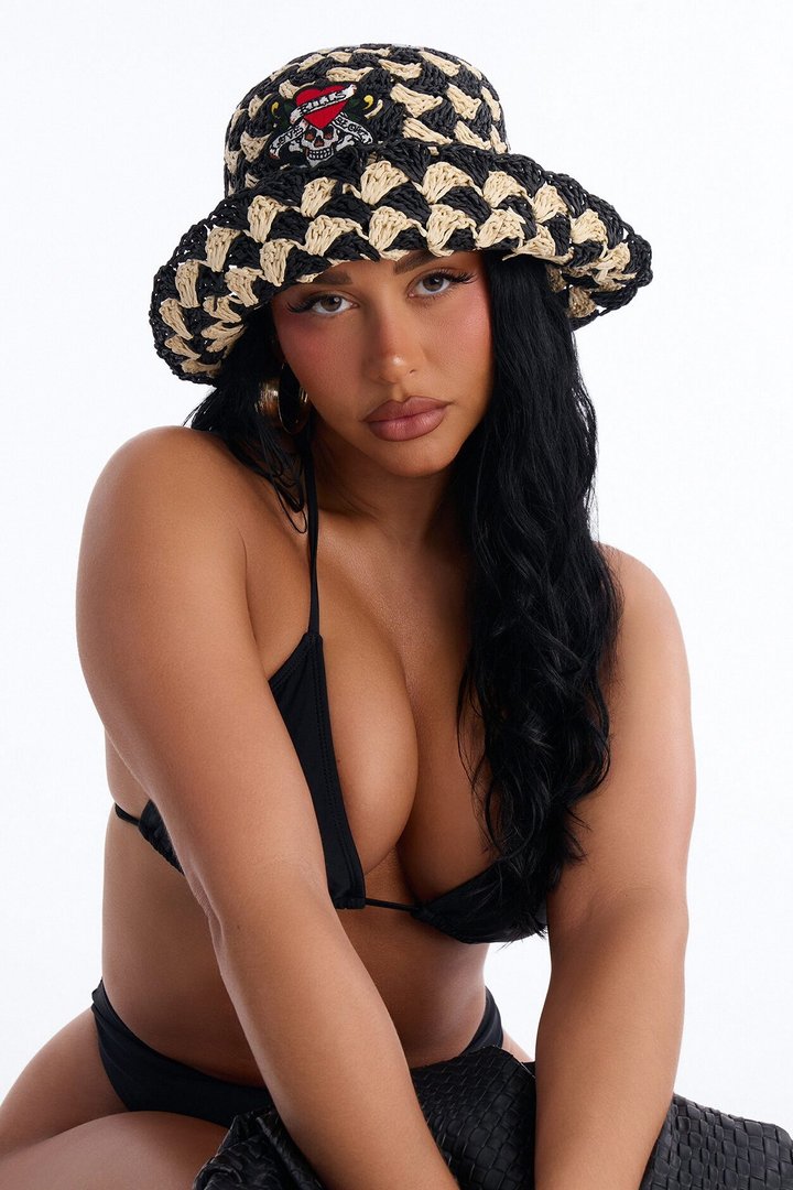 Love Runs Wild Ed Hardy Straw Bucket Hat - Black/combo