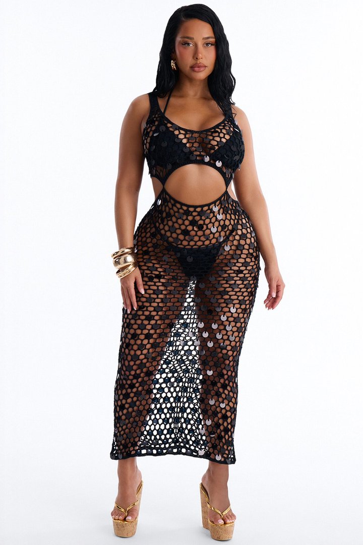 Moonbeam Sequin Fishnet Cutout Swim Cover Up Maxi Dress - Black