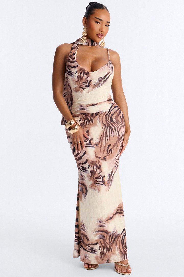 Salina Scarf Printed Maxi Dress - Cream/combo