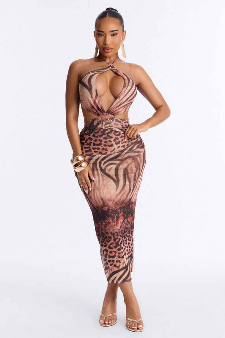 On The Prowl Mesh Maxi Dress - Brown/combo