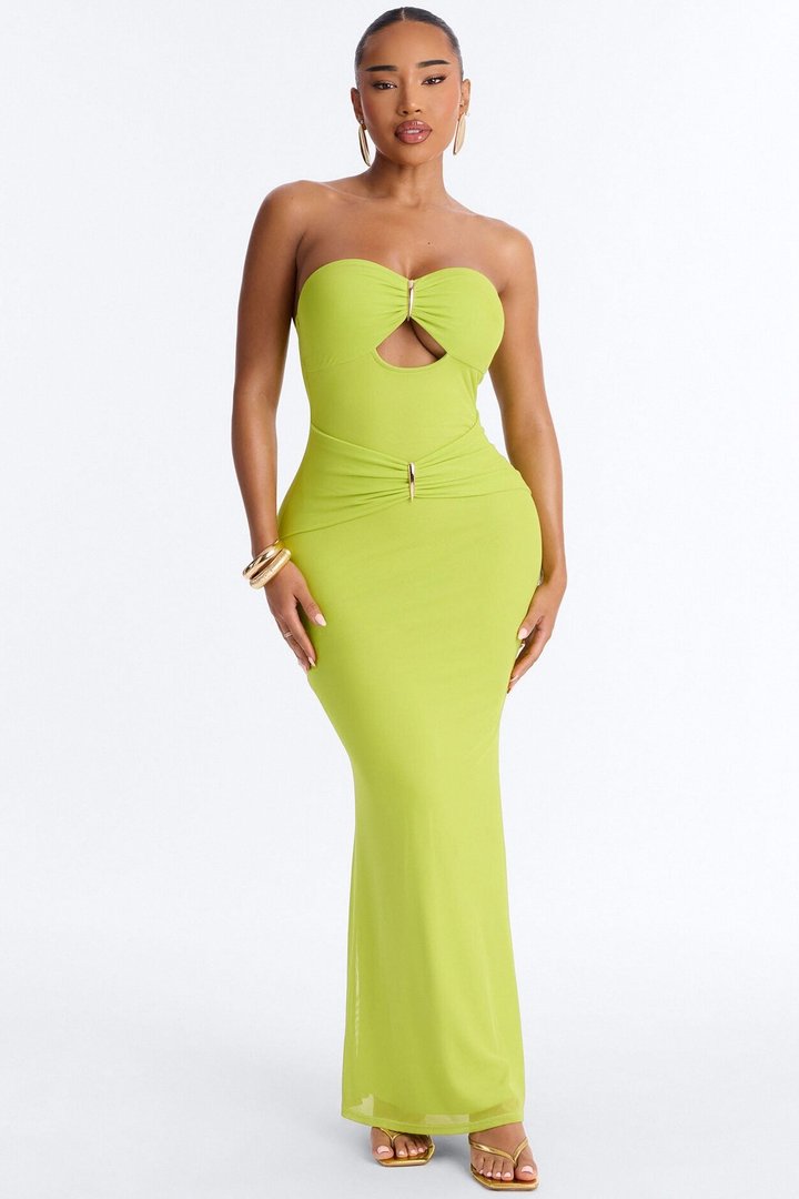 Tropical Bliss Solid Cut Out Mesh Maxi Dress - Chartreuse