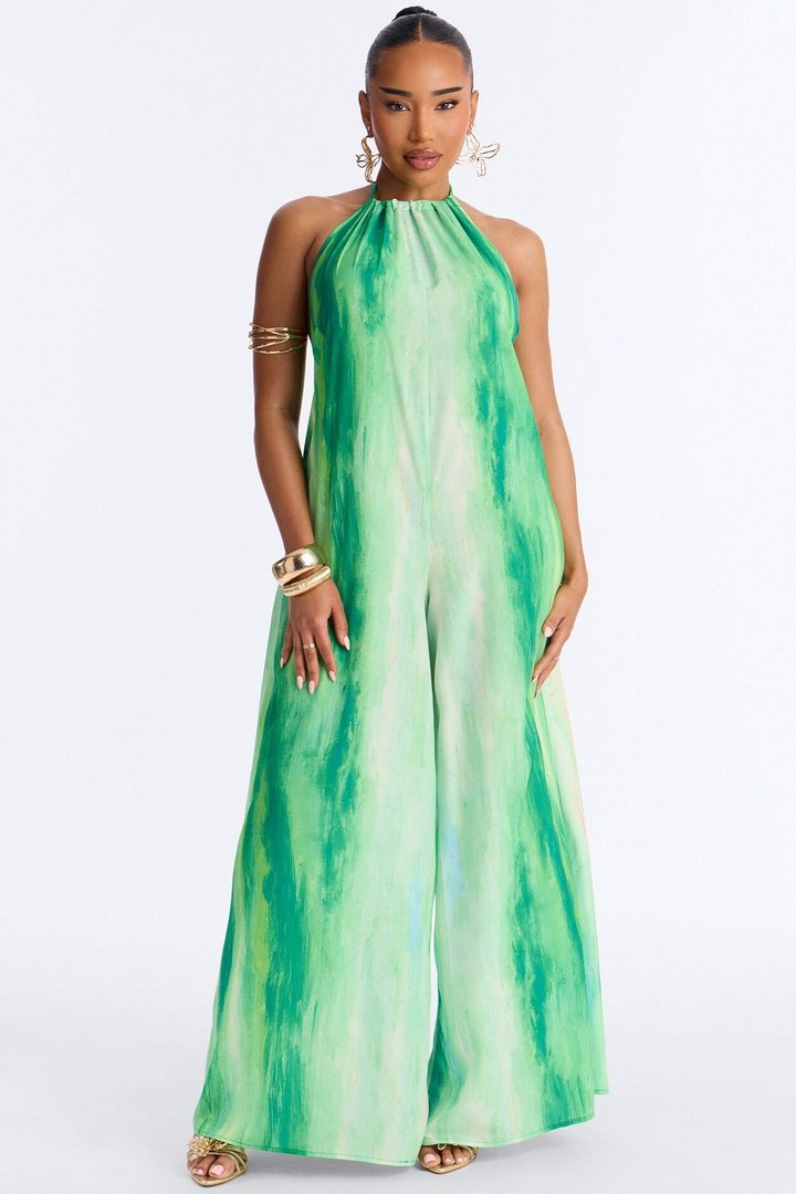 Sunset Hour Halter Wide Leg Jumpsuit - Green