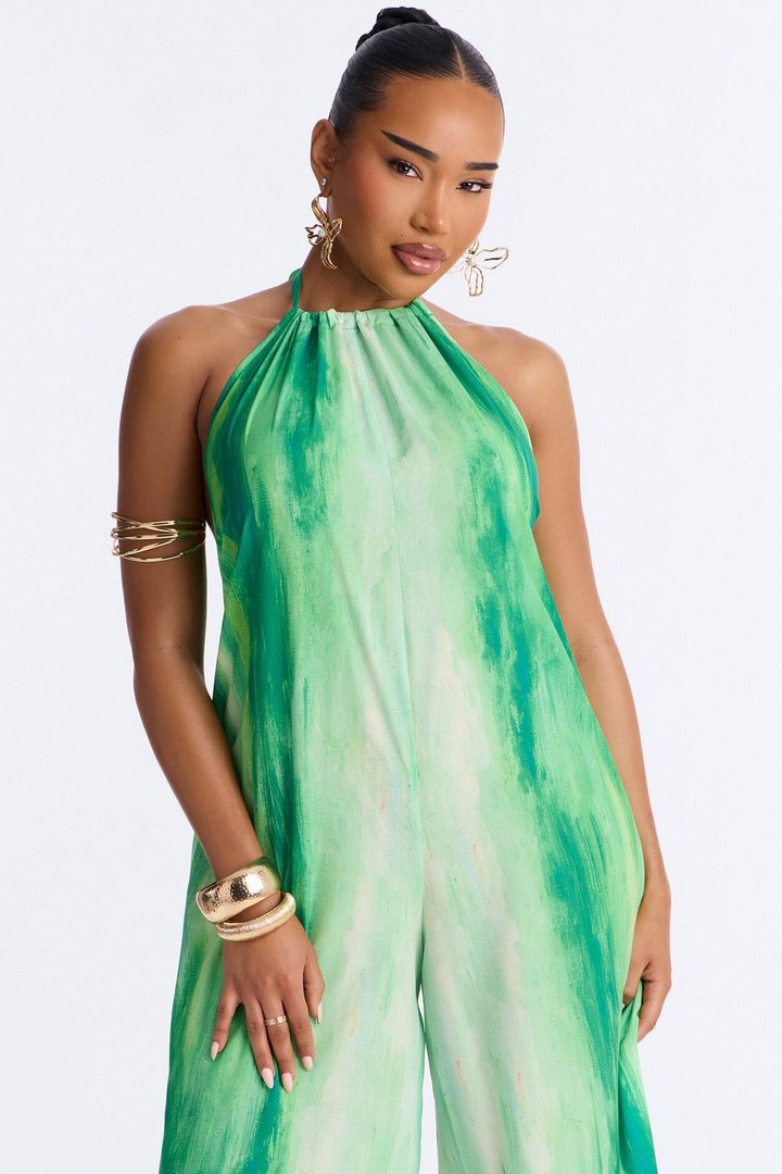 Sunset Hour Halter Wide Leg Jumpsuit - Green