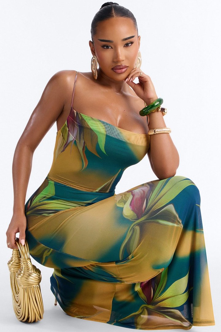 Rio Tropical Mesh Maxi Dress - Teal/combo