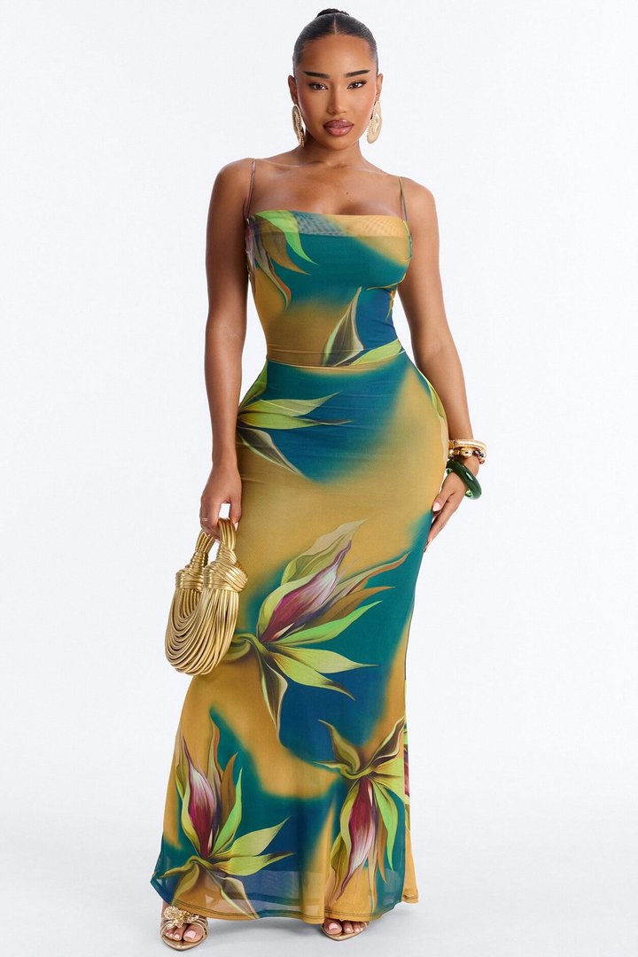 Rio Tropical Mesh Maxi Dress - Teal/combo
