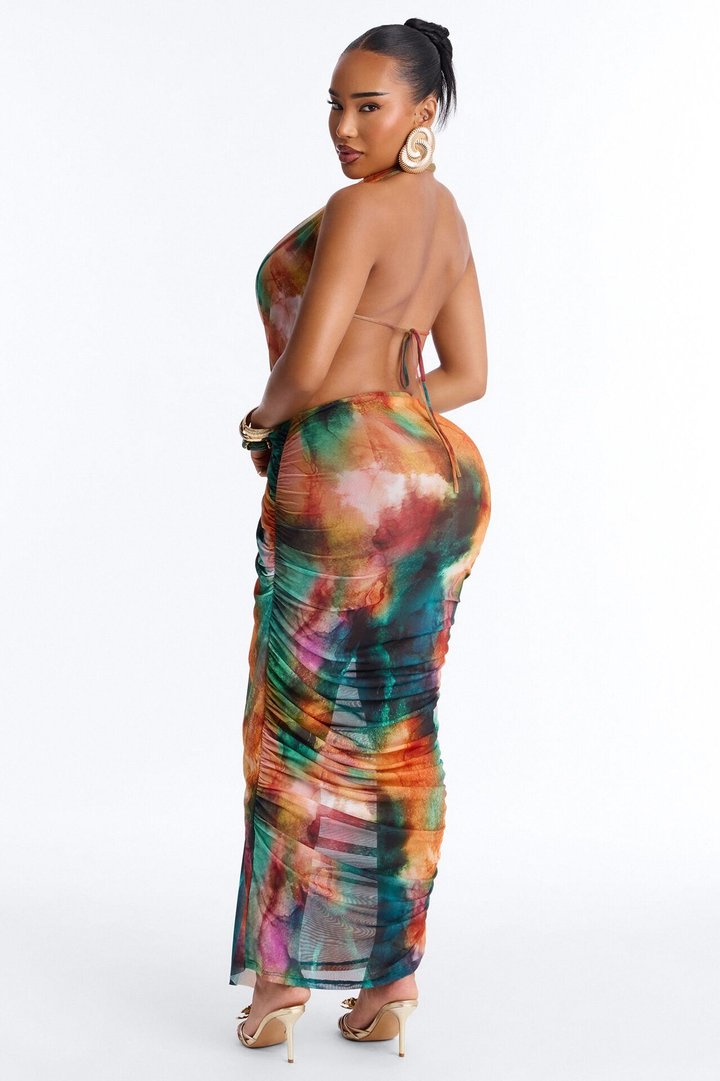 Beach Bombshell Draped Mesh Maxi Dress - Multi Color