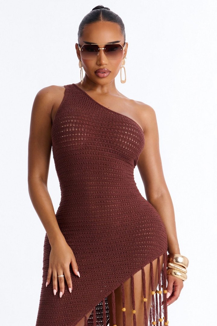Vacation Vixen Fringe Crochet Maxi Dress - Brown