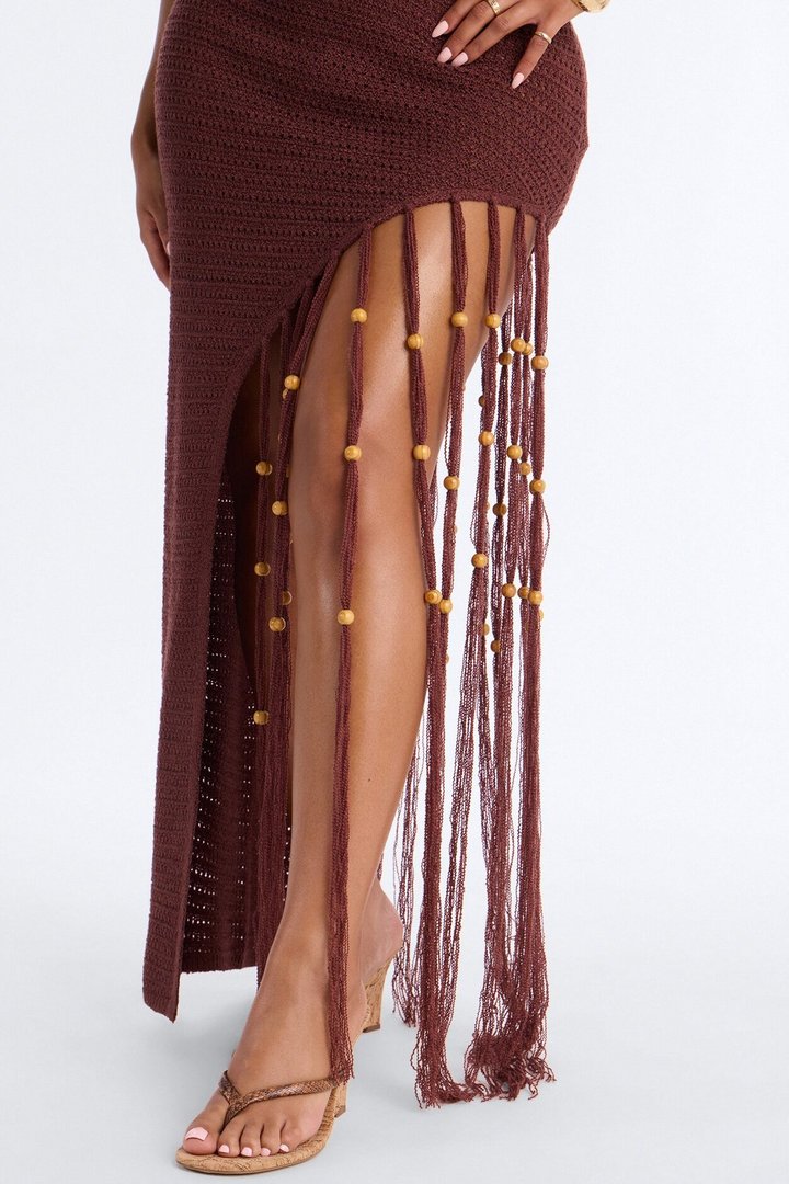 Vacation Vixen Fringe Crochet Maxi Dress - Brown