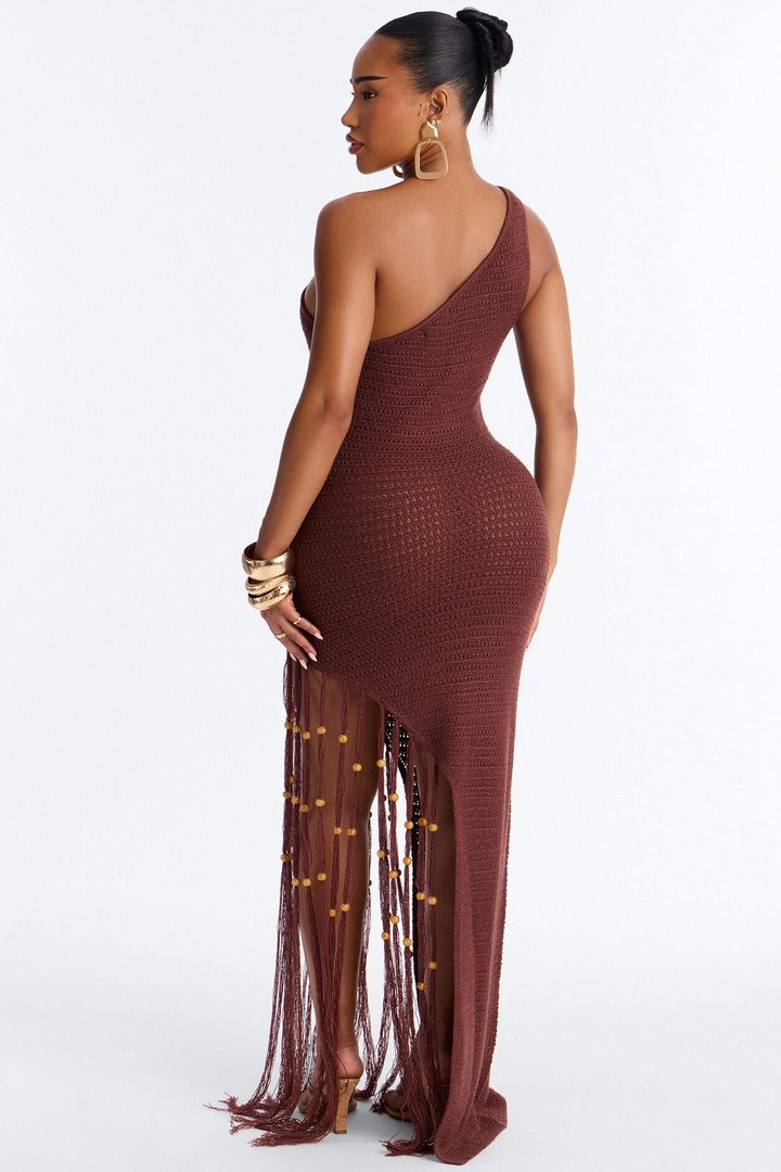 Vacation Vixen Fringe Crochet Maxi Dress - Brown