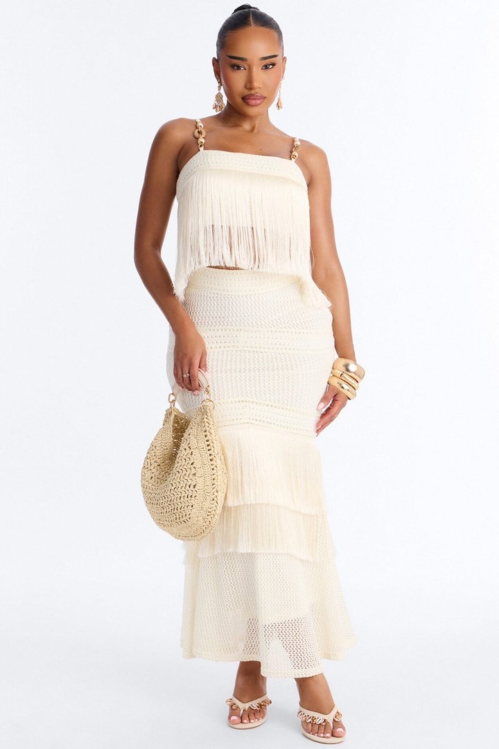 Sweet Reflections Crochet Fringe Trim Maxi Skirt Set - Cream