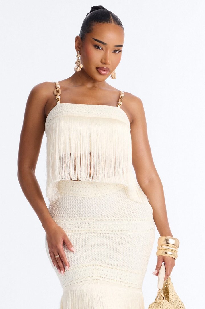 Sweet Reflections Crochet Fringe Trim Maxi Skirt Set - Cream