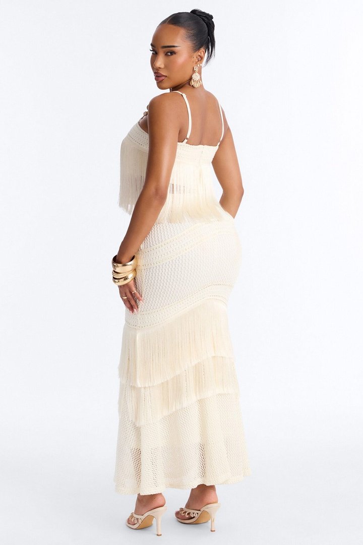 Sweet Reflections Crochet Fringe Trim Maxi Skirt Set - Cream