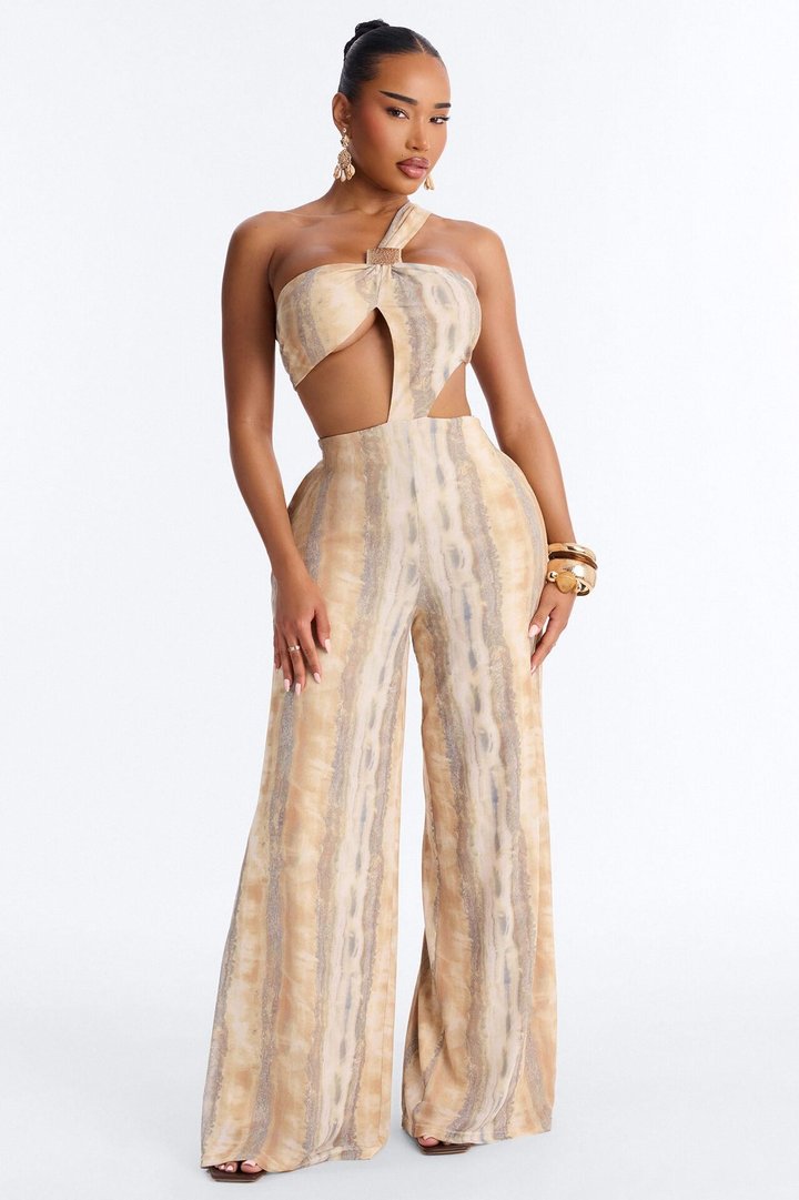 Cecili Mesh Wide Leg Jumpsuit - Tan/Multi