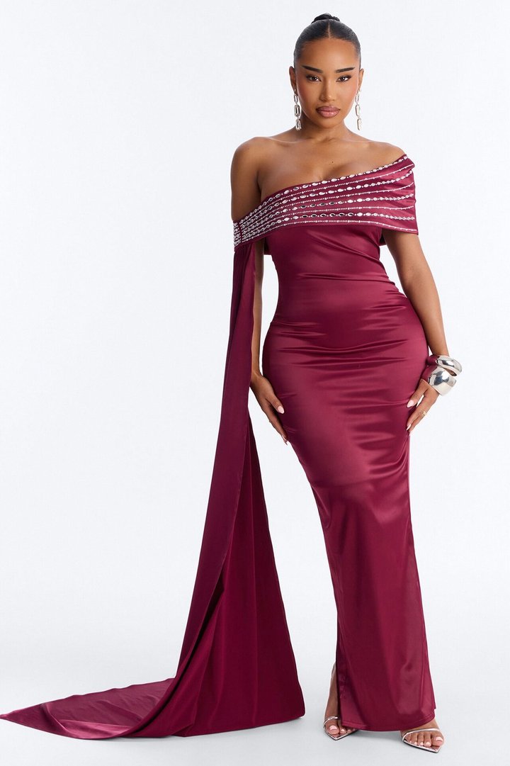 Dream Moment Satin Maxi Gown - Burgundy