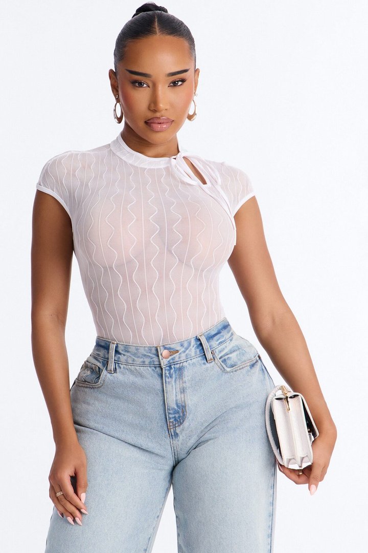 Nayeli Sheer Mesh Short Sleeve Bodysuit - Ivory