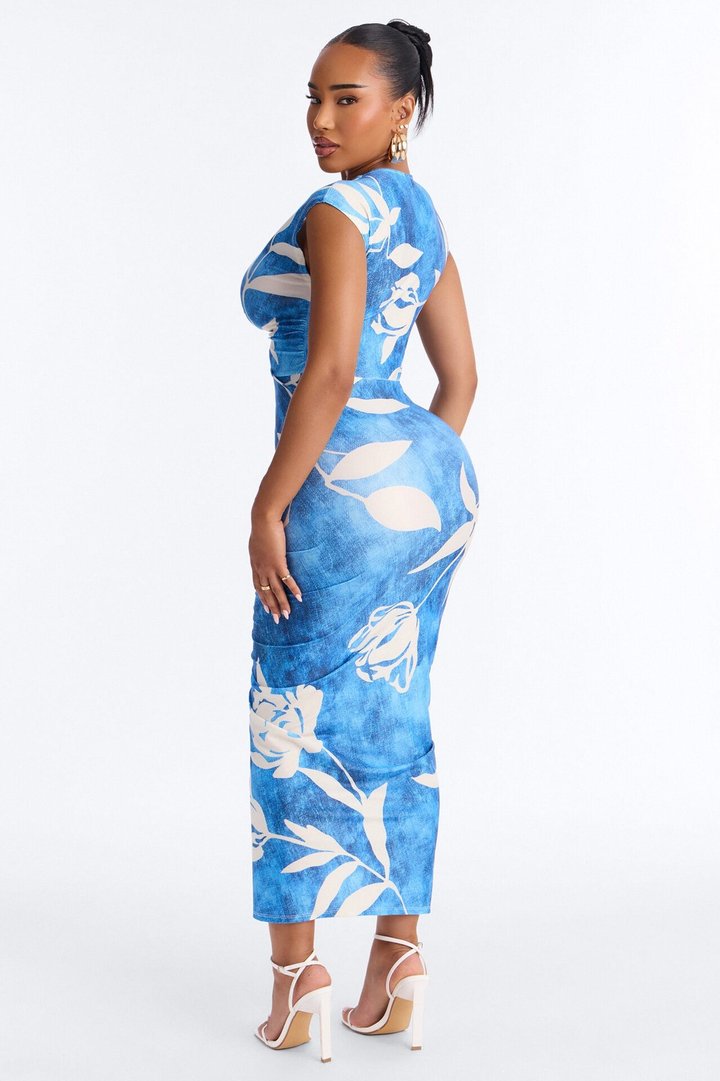 Alyssa Printed Ruched Midi Dress - Blue/combo